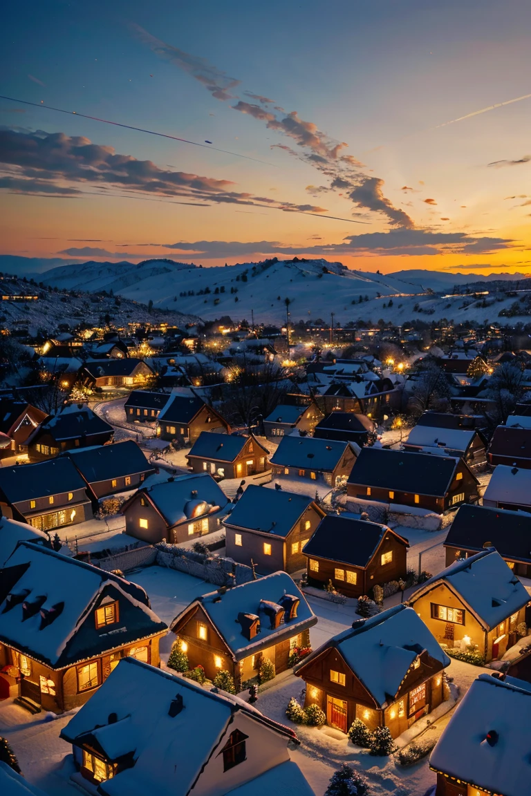 A digital illustration of a winter wonderland, featuring a charming village with snow-covered rooftops, a glowing Christmas tree at the center, and a sky ablaze with the hues of a setting sun, evoking a sense of holiday magic