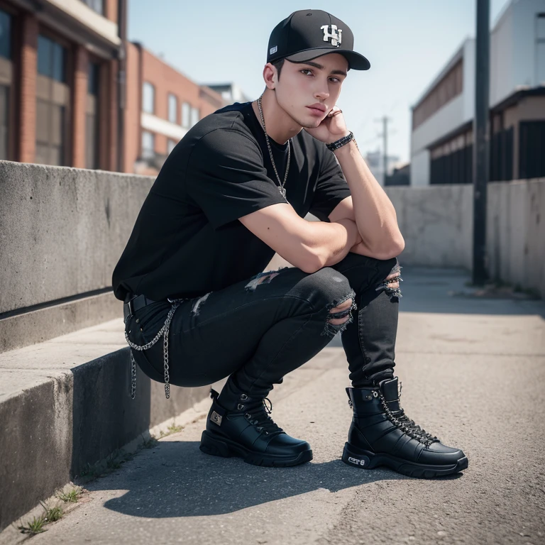 "(25-year-old Caucasian man in high quality and resolution, full body) wearing an ultra-realistic streetwear:1.2 with a plain black shirt and a black trucker cap, black jeans with rips at knees, black boots, chain with cross pendant."