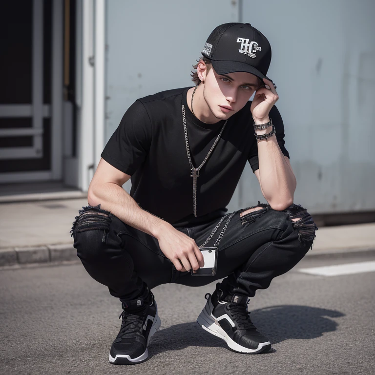 "(25-year-old Caucasian man in high quality and resolution, full body) wearing an ultra-realistic streetwear:1.2 with a plain black shirt and a black trucker cap, black jeans with rips at knees, black boots, chain with cross pendant."