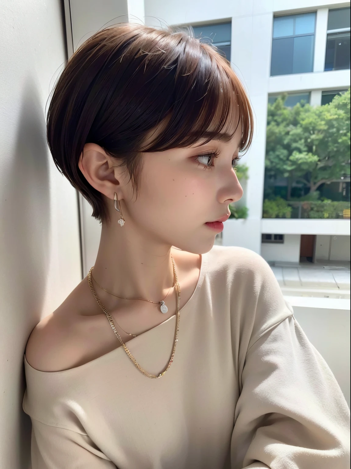 ((top-quality))、(masuter piece:1.4)、Raw photography、8K、((Top image quality))、 ((hight resolution))、Beautiful face in every detail、Realistic human skin、Gentle expression、(One Woman)、realisitic、Photorealsitic、(short-hair:1.4)、(cute little:1.4)、extra very short hair、(Cute Japan Girls)、((Pretty Woman))、(Beautiful hair)、(((red cheek guay))、20-year-old beauty、Straight hair、(Smaller face:1.4)、Smaller head、((long neck))、pale skin、Spot-free skin、With bangs、Everyone longs for、Beautiful female model in Japan、(Farbe々Dress well)、eight heads high、Haircut Models、a necklace、Layer Shorthair、Autumn clothes、Winter clothes、Simple Necklace、white walls、Taken in front of the white door、(white wall room with window)、Poses variadas、(Beautiful profile:1.3)、Don't look at the camera、profile