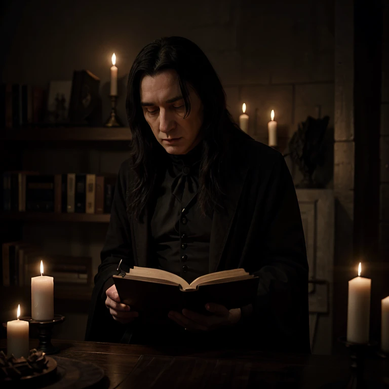 Severus Snape, reading a book, dark room, candle light, naked, bare chest