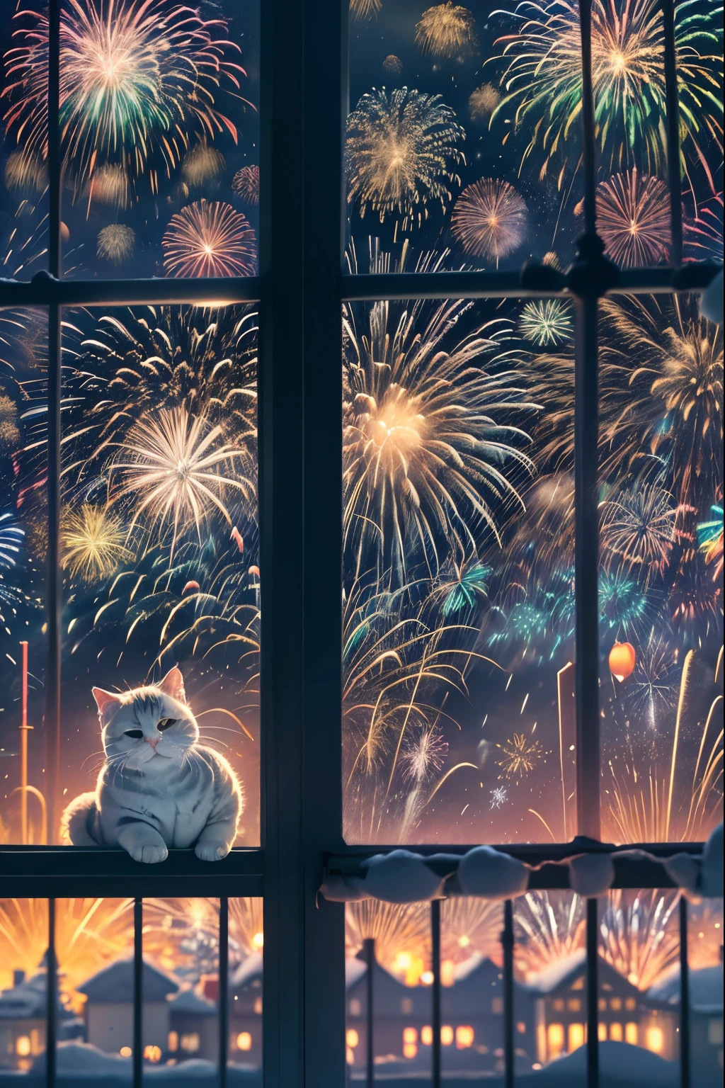 (a scottish fold cat:1.1),(adorable:1.1),(snowy day:1.1),((colorful fireworks outside the window, spectacular fireworks display, vibrant))