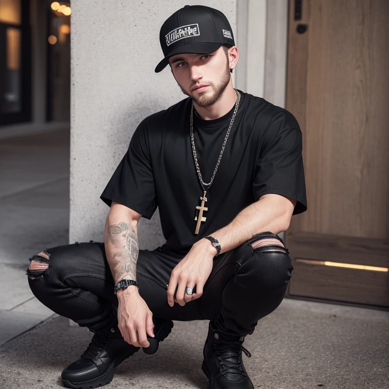 "(25-year-old Caucasian man with short beard in high quality and resolution, full body) wearing an ultra-realistic streetwear:1.2 with a plain black shirt and a black trucker cap, black jeans with rips at knees, black boots, chain with cross pendant."