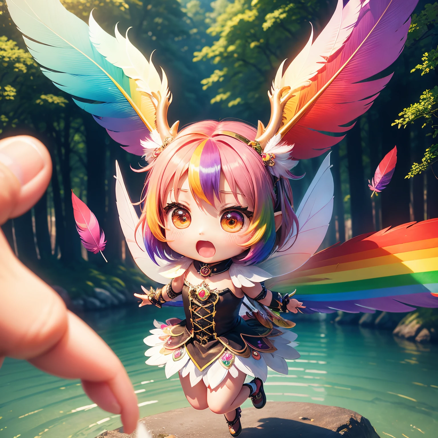 masterpiece、top-quality、ultra-detailliert、(chibi character fairy girl:1.2)、(Seven colored rainbow feathers:1.3)、Open your mouth and start laughing、fairy tale summer forest、deer ears、Jumping