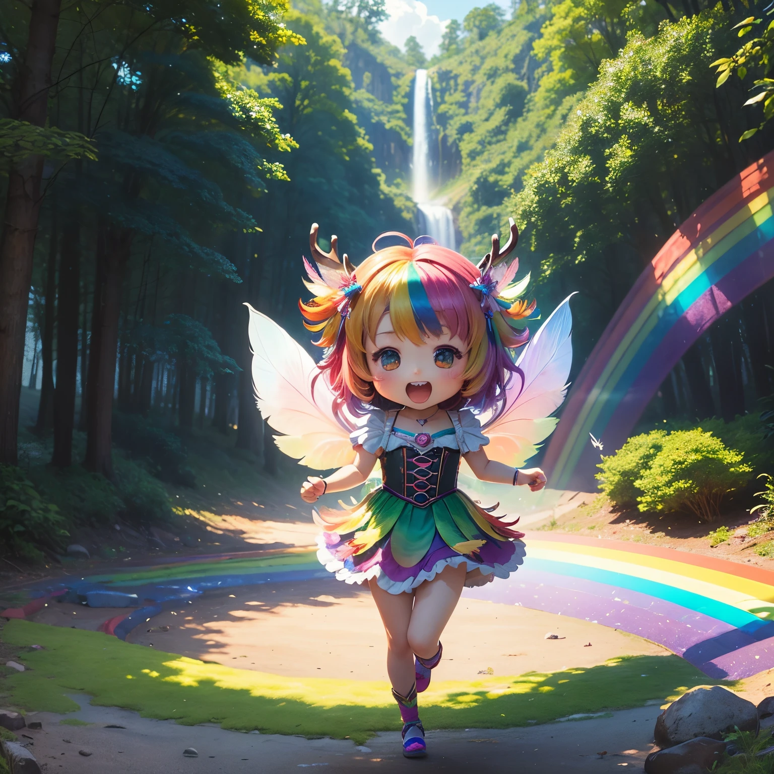 masterpiece、top-quality、ultra-detailliert、(chibi character fairy girl:1.2)、(Seven colored rainbow feathers:1.3)、Open your mouth and start laughing、fairy tale summer forest、deer ears、Jumping