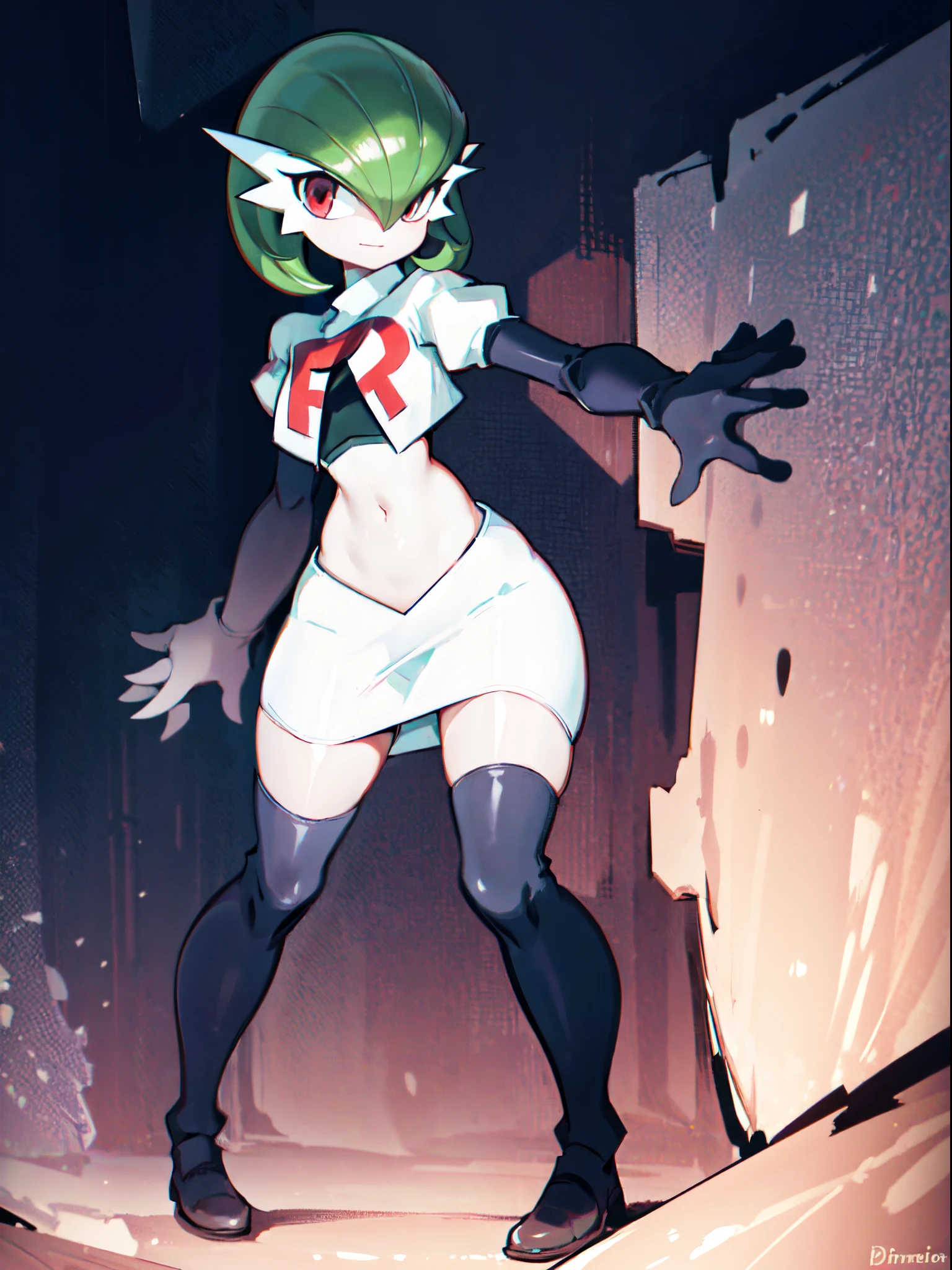 gardevoir,1girl,team rocket,team rocket uniform,white skirt,crop top,black thigh-highs,black elbow gloves,