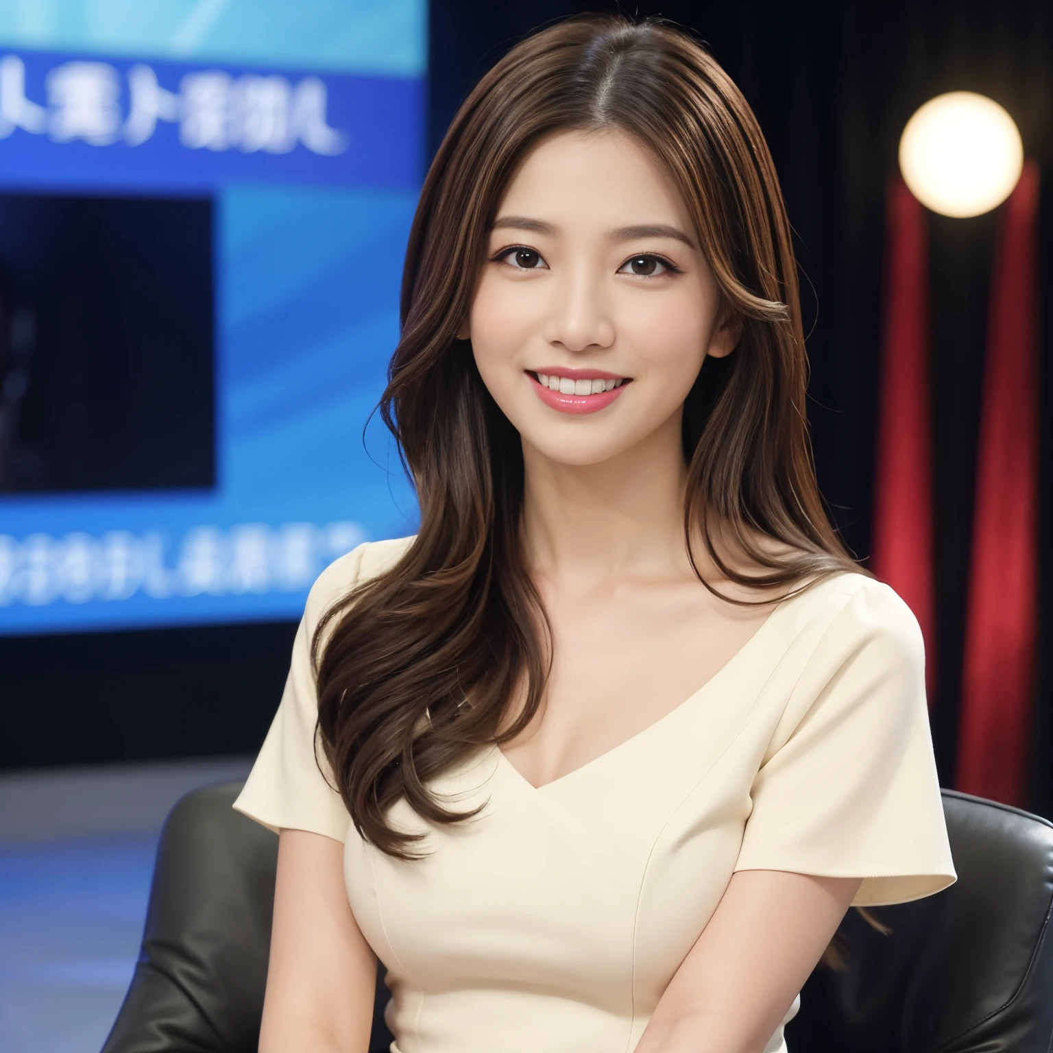 ((Best Quality, masutepiece, 超A high resolution、The most complex and detailed depictions))、1 female announcer、Announcer introducing the news、(One screen in the background:1.3)、Upper body photo、Staring at me、Biggest smile、A detailed face、Perfectly reproduce detailed news content、perfect news tv show background、Classy V-neck tops and classy skirts、Long Wave Hair