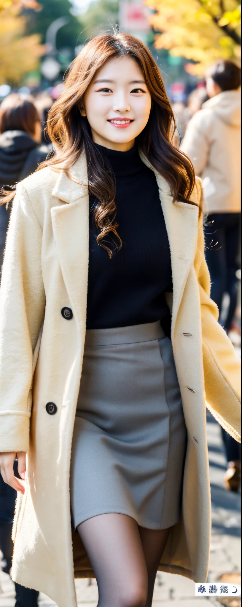 (8k, RAW photos, top quality, masterpiece: 1.2, ultra detailed, super resolution, real photos: 1.37), (Full body photo), 1 noble elegant Japanese lady, (standing contrapposte), ((pale color coodinate amber peach light brown other color, wearing over-size grey coat, beige long skirt, inner shirt, black tights, wearing long boots)), Shiny, Smile, Looks like 1.8 meters tall, large pelvis, Large breasts, big cuvy hips, Thin waist, Long legs, skin hyper-detail, 20 years old, Perfect face, (Detailed facial features), Wavy hair, Daylight, autumn season, center of street, crowd of people,