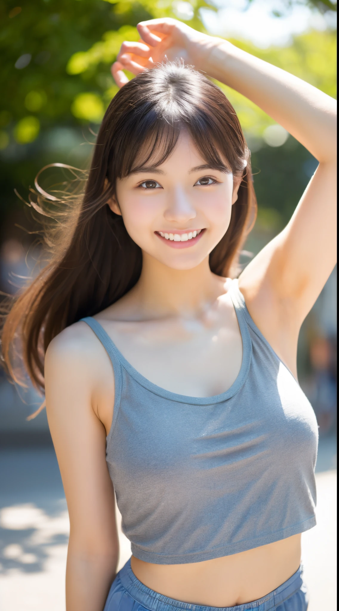 Best Quality, 超A high resolution, (Photorealistic:1.4), 1 girl, (ulzzang-6500:1.0), japanes, Sunlight, Gray tank top, Light blue shorts, Raise your left arm, Crystal clear white skin, espadrilles, university campus, big eye, A smile, 面長.