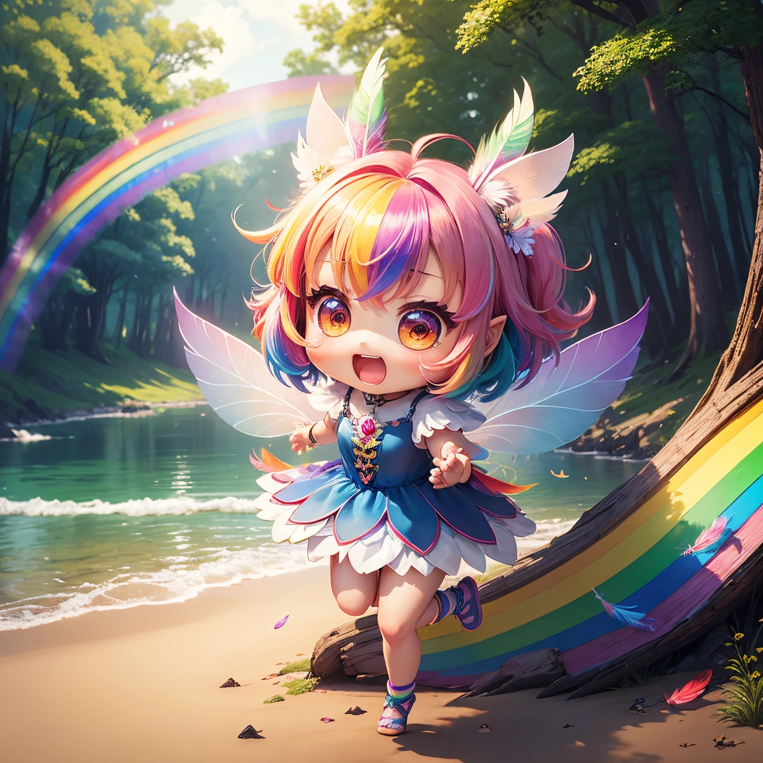 masterpiece、top-quality、ultra-detailliert、(chibi character fairy girl:1.2)、(Seven colored rainbow feathers:1.3)、Open your mouth and start laughing、fairy tale summer forest、deer ears、Jumping