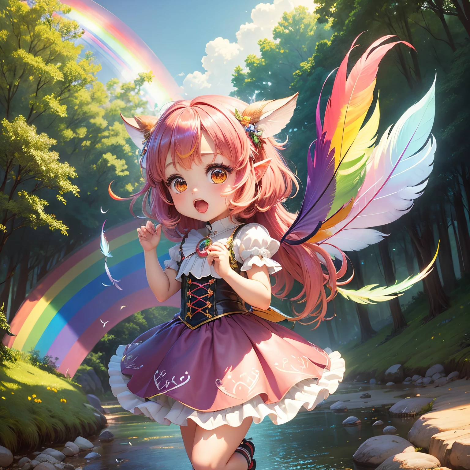 masterpiece、top-quality、ultra-detailliert、(chibi character fairy girl:1.2)、(Seven colored rainbow feathers:1.3)、Open your mouth and start laughing、fairy tale summer forest、deer ears、Jumping