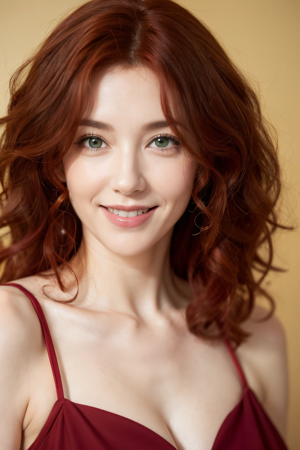 natural photo, woman about 40 years old, red curly hair, green eyes, smile