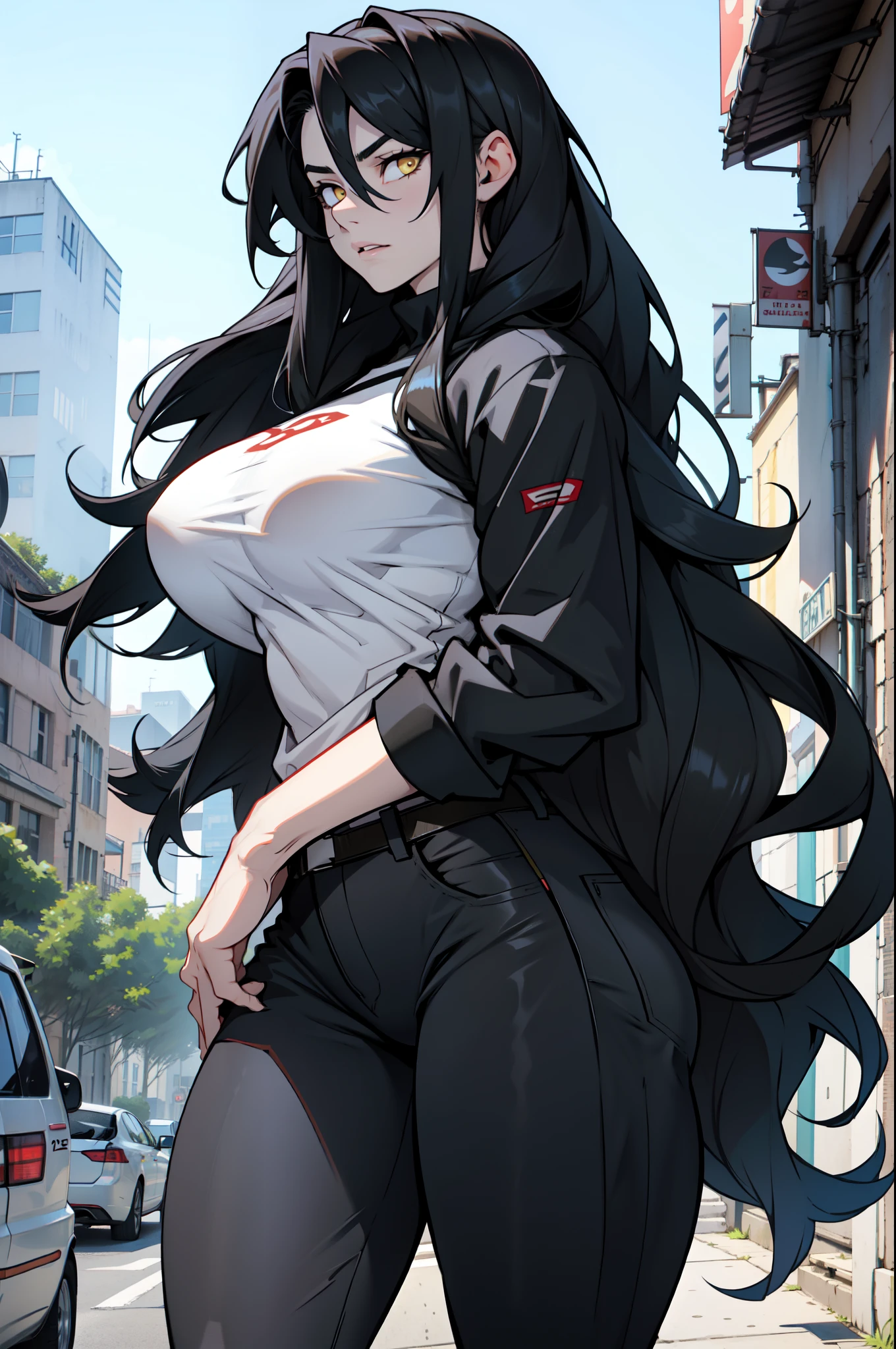 1girl solo black hair yellow eyes very long hair pale skin muscular muscular muscular muscular toned body huge muscles thick thighs girl tight clothes angry blushing messy hair leggings tight shirt long sleeves thick thick thick thick thick thick