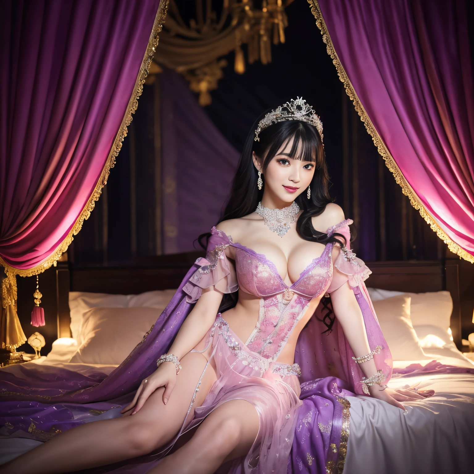 (top-quality、masutepiece、8K、Top image quality、Highly complex and detailed depictions)、one prostitute goddess、The ultimate luxury with everything you can imagine、most gorgeous goddess costume、(Surrounded by pink and purple curtains:1.3)、Sitting on a big bed、(Background completely surrounded by curtains:1.3)、(blurry backround:1.5)、(Very romantic atmosphere:1.3)、The backgrounds are all pink and purple and gorgeous、A smile staring at me、Upper body photo、Sit on the most gorgeous bed、lots of pink and purple decorations、artistic décor、(warm mood lighting:1.5)、spectacular movie lighting、Large amount of jewelry decoration、The most luxurious and huge tiara、giant pink and purple costume、big pink and purple sleeves、Very complex decoration、royal、Frontal close-up、Front composition、(accurate anatomy:1.2)、(Sit facing the front:1.1)、Symmetrical composition、big and nice bed、(moody dark room:1.3)