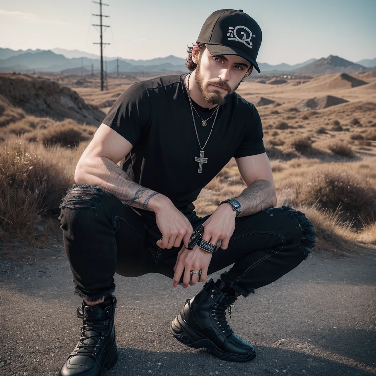 "(28-year-old Caucasian man with facial hair in high quality and resolution, full body) wearing an ultra-realistic streetwear:1.2 with a plain black shirt and a black trucker cap, black jeans with rips at knees, black boots, chain with cross pendant. Surrounded by a dystopian landscape. "