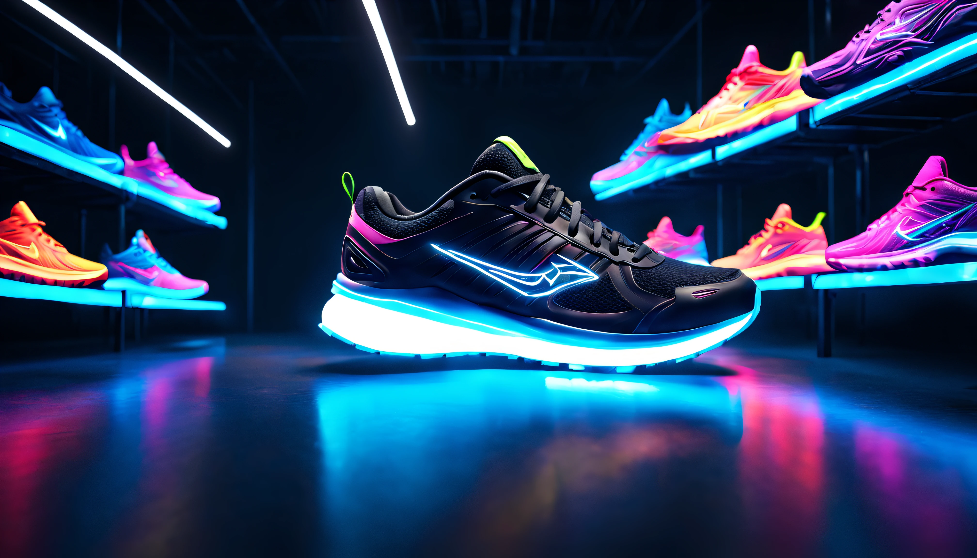 In a very dark empty warehouse, there is a zoomed out view of a pair of giant neon running shoes. The shoes have ultra-detailed features and are made using physically-based rendering techniques. The lighting in the scene is professionally set, creating sharp focus and vivid colors. The running shoes have no recognizable brand but stand out with their vibrant neon glow. The overall image is of the highest quality, with an emphasis on ultra-detailed rendering and realistic lighting.