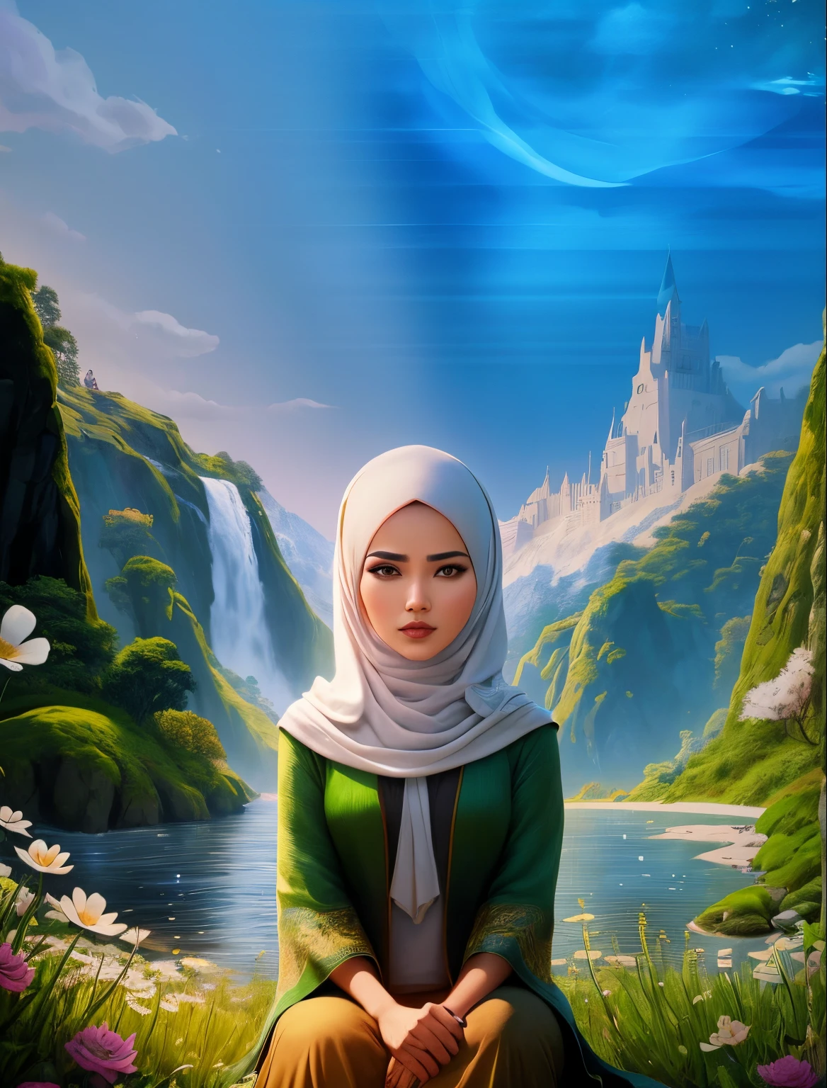 arafed image of a woman sitting in a field with flowers, animated film, animated movie, cartoon digital painting, inspired by Altoon Sultan, beautiful avatar pictures, digital cartoon painting art, background artwork, in style of disney animation, white hijab, background heavenly, inspired by Nazmi Ziya Güran, ‘raya and the last dragon’ etc