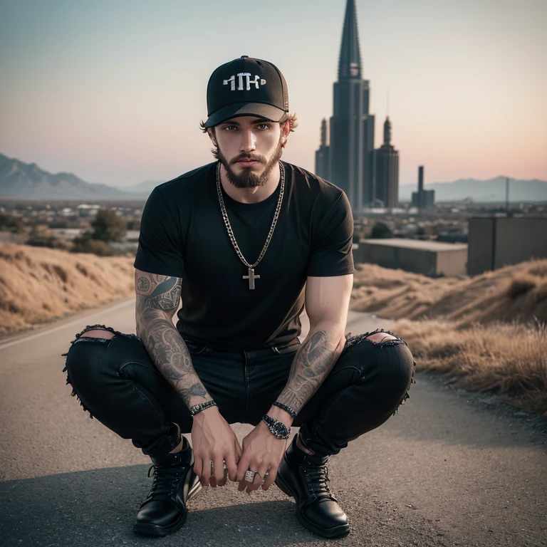 "(28-year-old Caucasian man with facial hair in high quality and resolution, full body) wearing an ultra-realistic streetwear:1.2 with a plain black shirt and a black trucker cap, black jeans with rips at knees, black boots, chain with cross pendant. Surrounded by a dystopian landscape. "