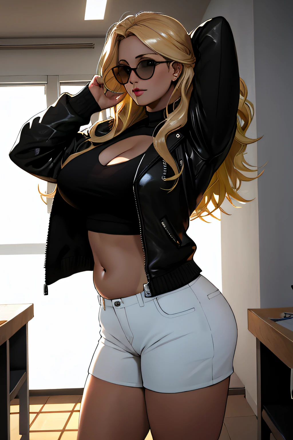Photograph of a 40-year-old woman, chubby, blond hair, con gafas, obra maestra, brassiere, ropa interior, sujetador_negro, chaqueta, bragas_negras