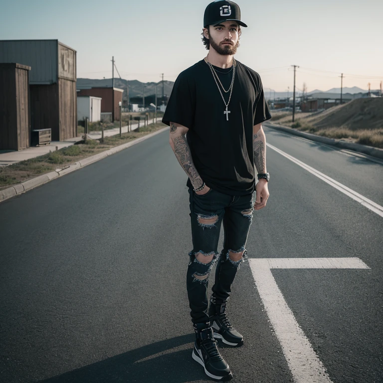 "(28-year-old Caucasian man with facial hair in high quality and resolution, full body) wearing an ultra-realistic streetwear:1.2 with a plain black shirt and a black trucker cap, black jeans with rips at knees, black boots, chain with cross pendant. Surrounded by a dystopian landscape. "
