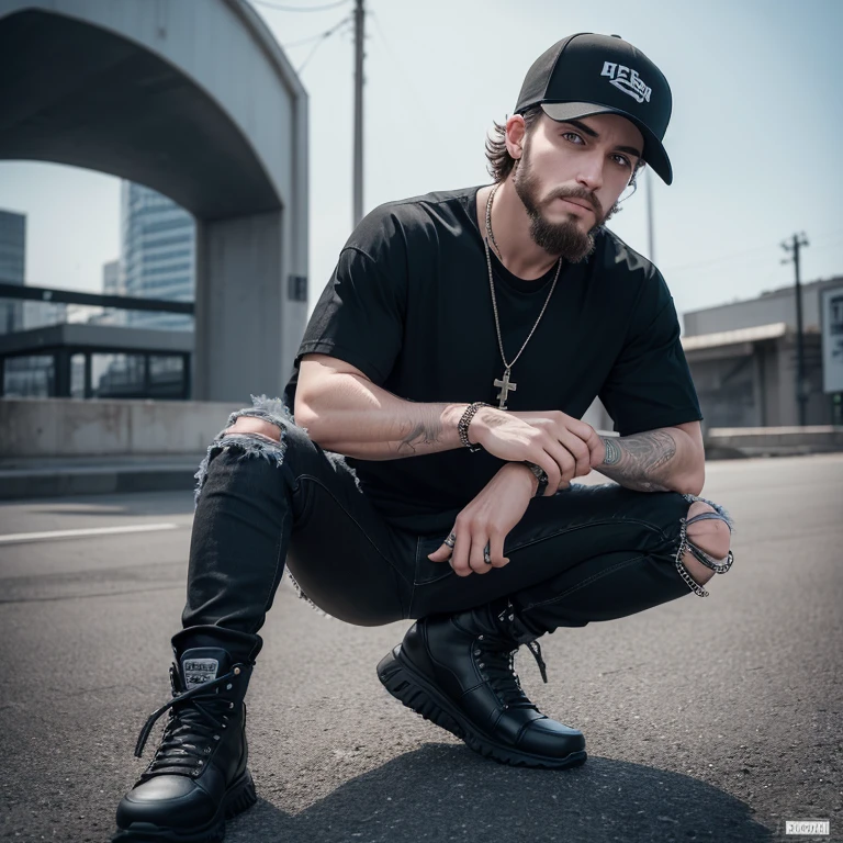 "(28-year-old Caucasian man with facial hair in high quality and resolution, full body) wearing an ultra-realistic streetwear:1.2 with a plain black shirt and a black trucker cap, black jeans with rips at knees, black boots, chain with cross pendant. Surrounded by a dystopian landscape. "