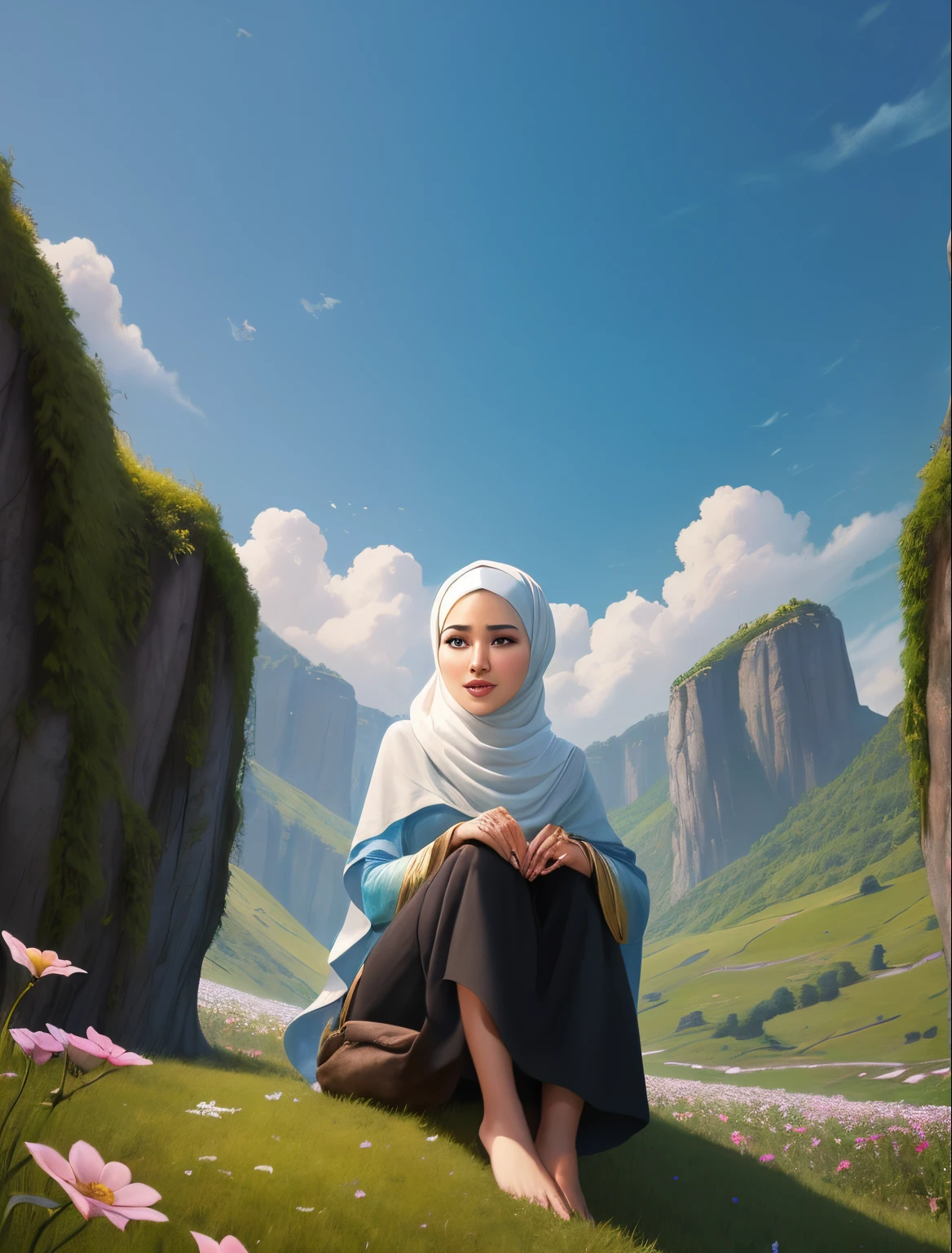 arafed image of a woman sitting in a field with flowers, animated film, animated movie, cartoon digital painting, inspired by Altoon Sultan, beautiful avatar pictures, digital cartoon painting art, background artwork, in style of disney animation, white hijab, background heavenly, inspired by Nazmi Ziya Güran, ‘raya and the last dragon’ etc
