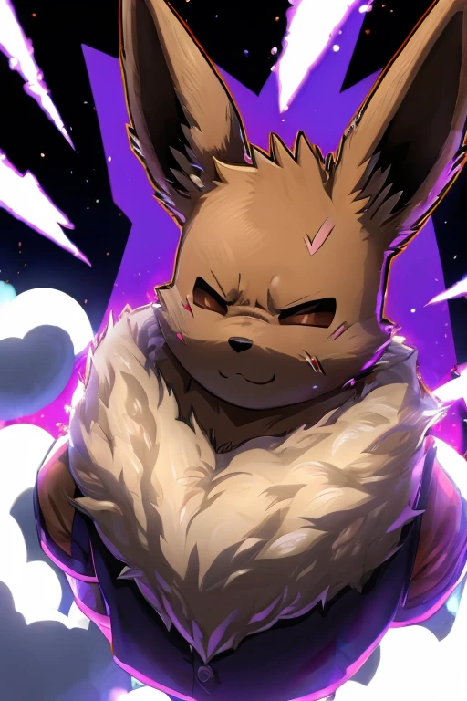 illustration style, anime, eevee, with an whiter humanoid face, purple and gray inner ears, light brown fur, light skinny body, big floofy white fur around the neck, tough looking, one eye closed with scar, other open, playing on PC