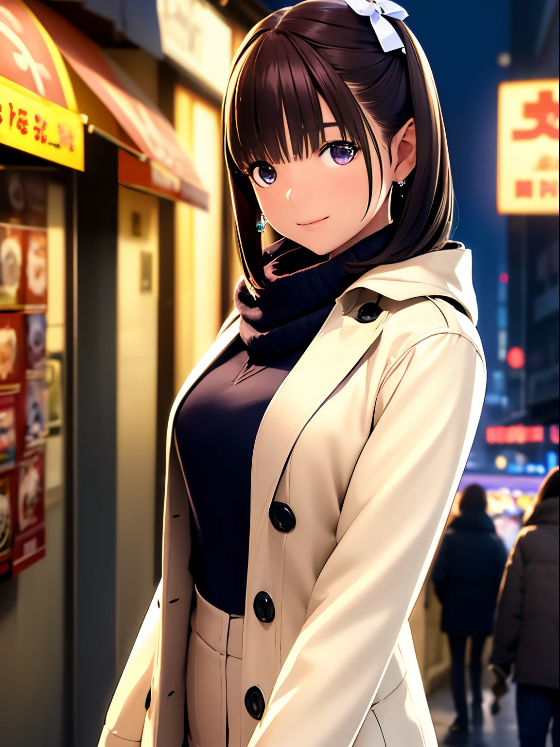 hight resolution,8K,Best Quality,detaileds,semi - realistic anime,Anime 3D Style,Smooth Anime CG,1 girl in,20 year old woman in Japan,slim,modeled,shiny chestnut hair,Medium Hair,Detailed face,Beautiful and detailed eyes,Glowing skin,(coat,layered clothes,Winter clothes,),earring beautiful,Winters,cold morning in december,(a street:0.8), (a person, Large crowds:1),hard focus grain,Soft lighting,looking at the viewers,A smile,Angle from the side
