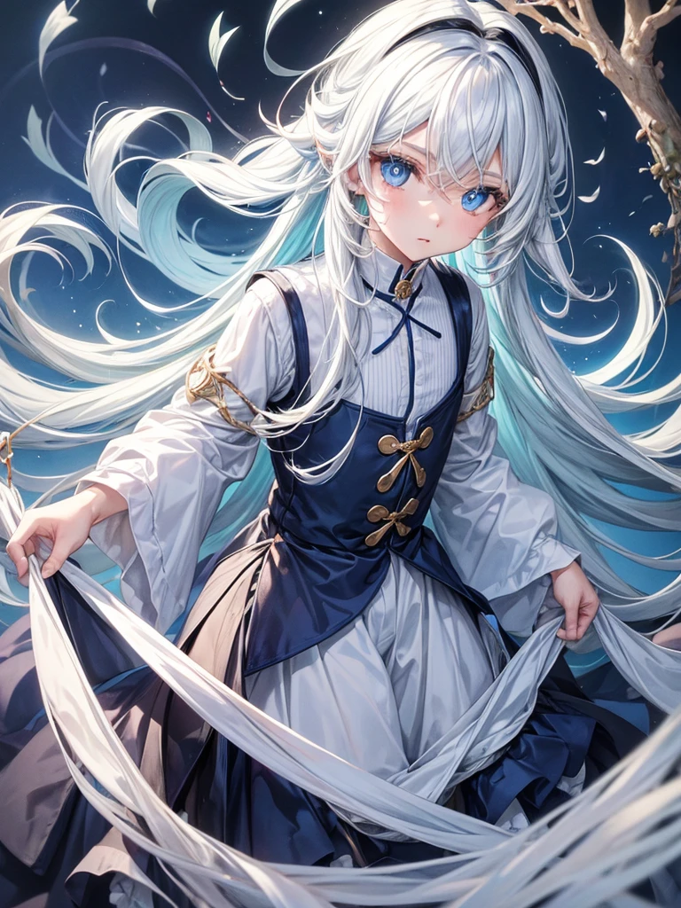Cute boy,long white hair,blue color eyeessy hair,Clothing that exposes