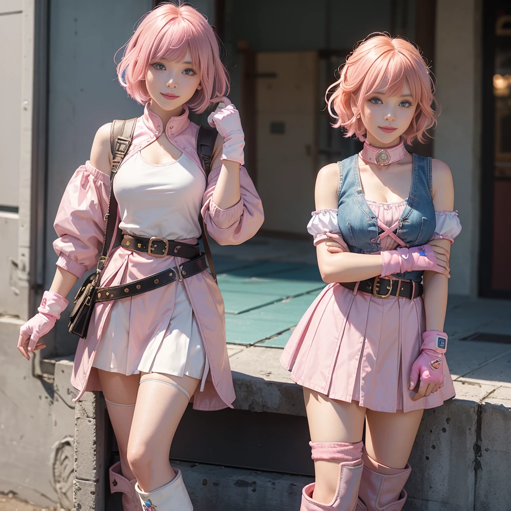 1girl, cowboy shot, beautiful nora_valkyrie, looking at viewer, smile, short hair, bangs, blue eyes, jacket, pink skirt, pink belt, short puffy sleeves, fingerless gloves, orange hair, pink gloves, best quality, masterpiece, single armband, white ankle boots with pink soles