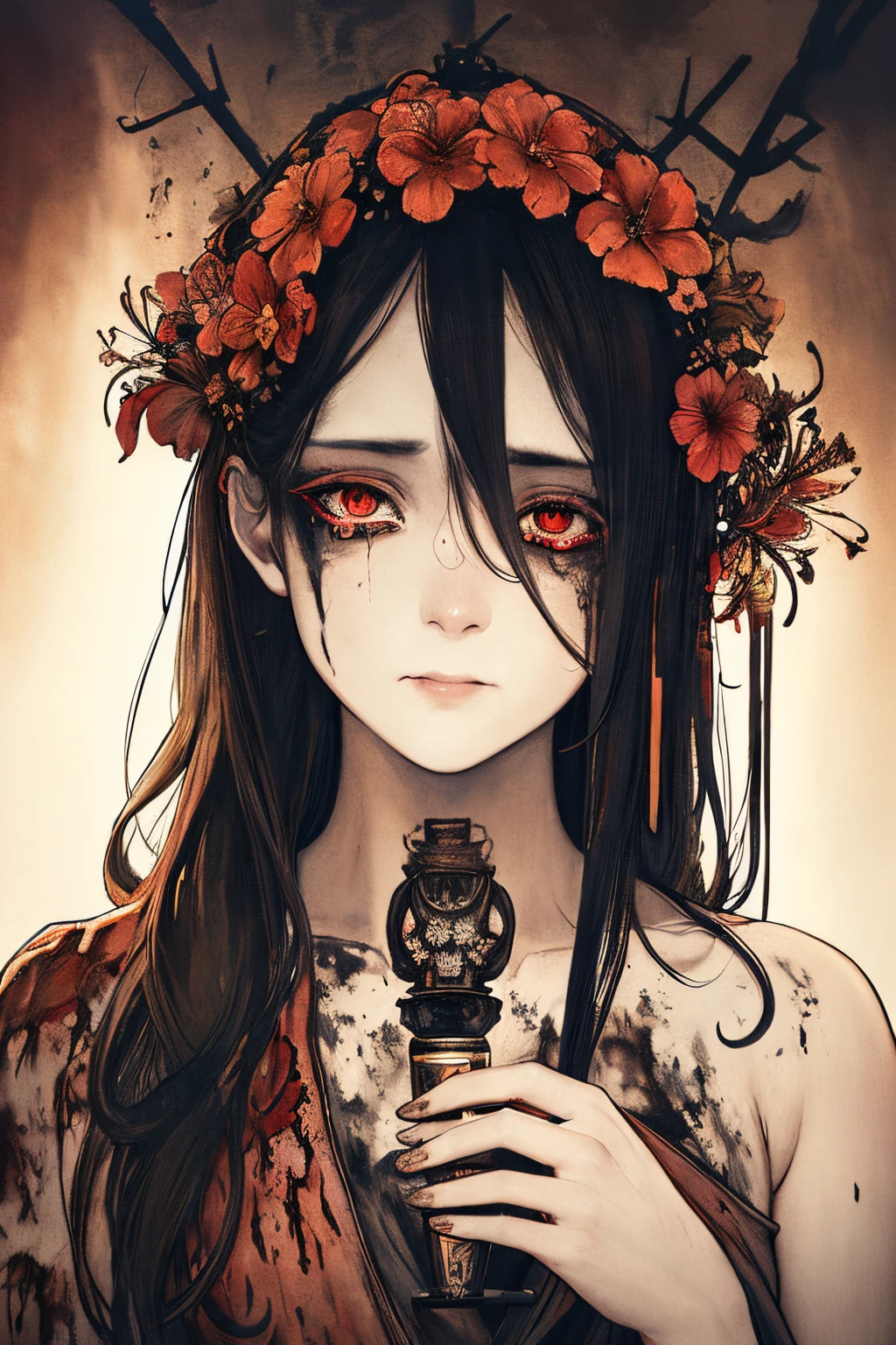 SFW,masutepiece, Best Quality, High resolution, 1woman, upper body, Details , detail hands, Detail fingers, Detail Face, detail legs, watercolor paiting, in graveyard, black hair, long hair, tattered clothes, black eyes, zombie, skull, bone, (art nouveau:1.25), Maximalism artstyle, neon theme, suprematism, crying, beautiful detailed eyes,hyper detailed, beautifuly color, high details, high quality, back light, upper body , high quality, hair with body, cluster amaryllis, zombie, rotungwoka person, priest, black tears, shed tears,