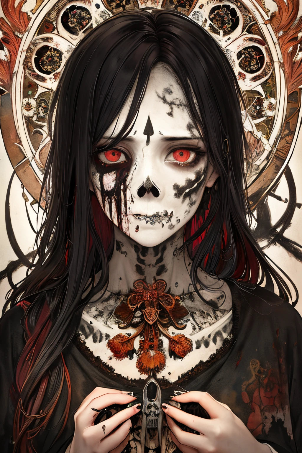 SFW,masutepiece, Best Quality, High resolution, 1woman, upper body, Details , detail hands, Detail fingers, Detail Face, detail legs, watercolor paiting, in graveyard, black hair, long hair, tattered clothes, black eyes, zombie, skull, bone, (art nouveau:1.25), Maximalism artstyle, neon theme, suprematism, crying, beautiful detailed eyes,hyper detailed, beautifuly color, high details, high quality, back light, upper body , high quality, hair with body, cluster amaryllis, zombie, rotungwoka person, priest, black tears, shed tears,