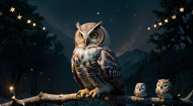 A wise owl perched on a moonlit branch, surrounded by stars. Create an enchanting scene depicting the owl sharing ancient wisdom with a group of mesmerized forest creatures. for kids