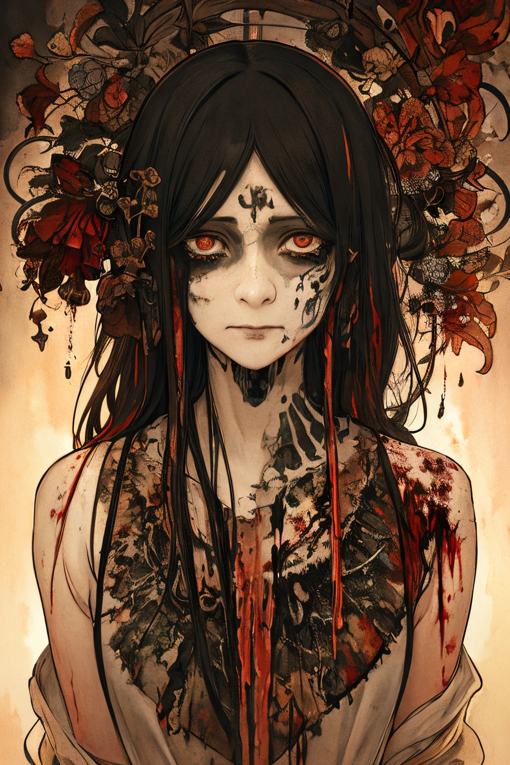 SFW,masutepiece, Best Quality, High resolution, 1woman, upper body, Details , detail hands, Detail fingers, Detail Face, detail legs, watercolor paiting, in graveyard, black hair, long hair, tattered clothes, black eyes, zombie, skull, bone, (art nouveau:1.25), Maximalism artstyle, neon theme, suprematism, crying, beautiful detailed eyes,hyper detailed, beautifuly color, high details, high quality, back light, upper body , high quality, hair with body, cluster amaryllis, zombie, rotungwoka person, priest, black tears, shed tears,