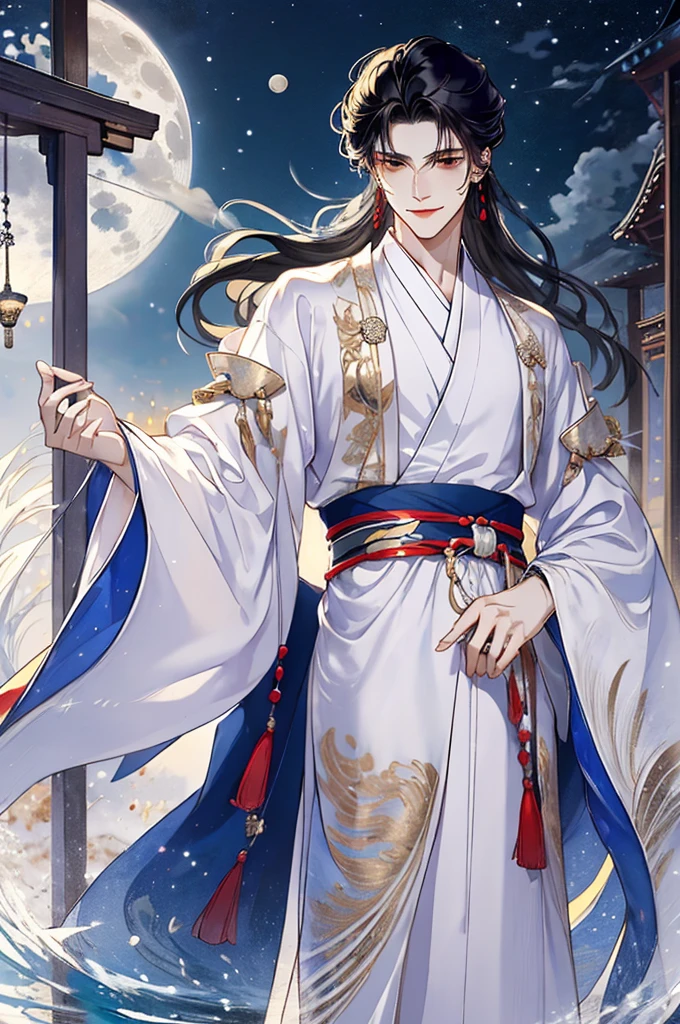 tmasterpiece,Best Picture Quality,Black-haired man,male people,white hanfu,,long, floated hair,Wide-sleeved robe,ancient wind,Solid color clothes,The clothes do not have any patterns,Smilingly,gentlesoftlighting,water ink,Behind it the full moon,