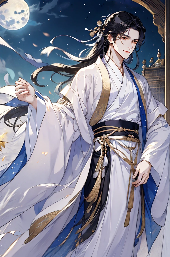 tmasterpiece,Best Picture Quality,Black-haired man,male people,white hanfu,,long, floated hair,Wide-sleeved robe,ancient wind,Solid color clothes,The clothes do not have any patterns,Smilingly,gentlesoftlighting,water ink,Behind it the full moon,
