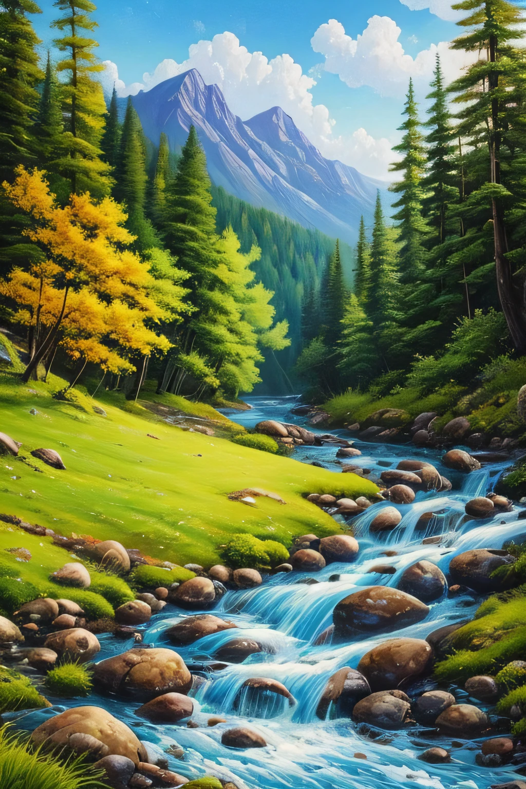 painting of a mountain scene with a stream and trees, in a mountain valley, Pintura detallada 4 K, Aceite 4k sobre lino, 4 k oil painting, Stefan Koidl inspirado, detailed 4K oil painting, Pintura 4K altamente detallada, Pintura premiada 2021, 2 0 2 1 Pintura premiada, Paisaje detallado, Highly detailed oil painting