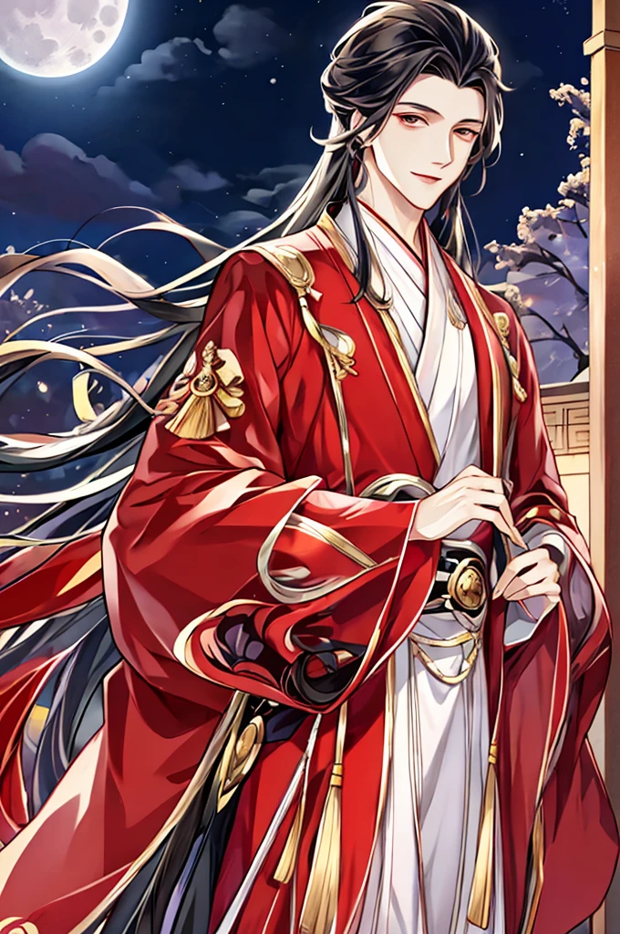 tmasterpiece,Best Picture Quality,Man with long black hair, male people,floated hair,white hanfu,Wide-sleeved robe,ancient wind,Solid color clothes,The clothes do not have any patterns,Smilingly,gentlesoftlighting,water ink,Behind it the full moon,