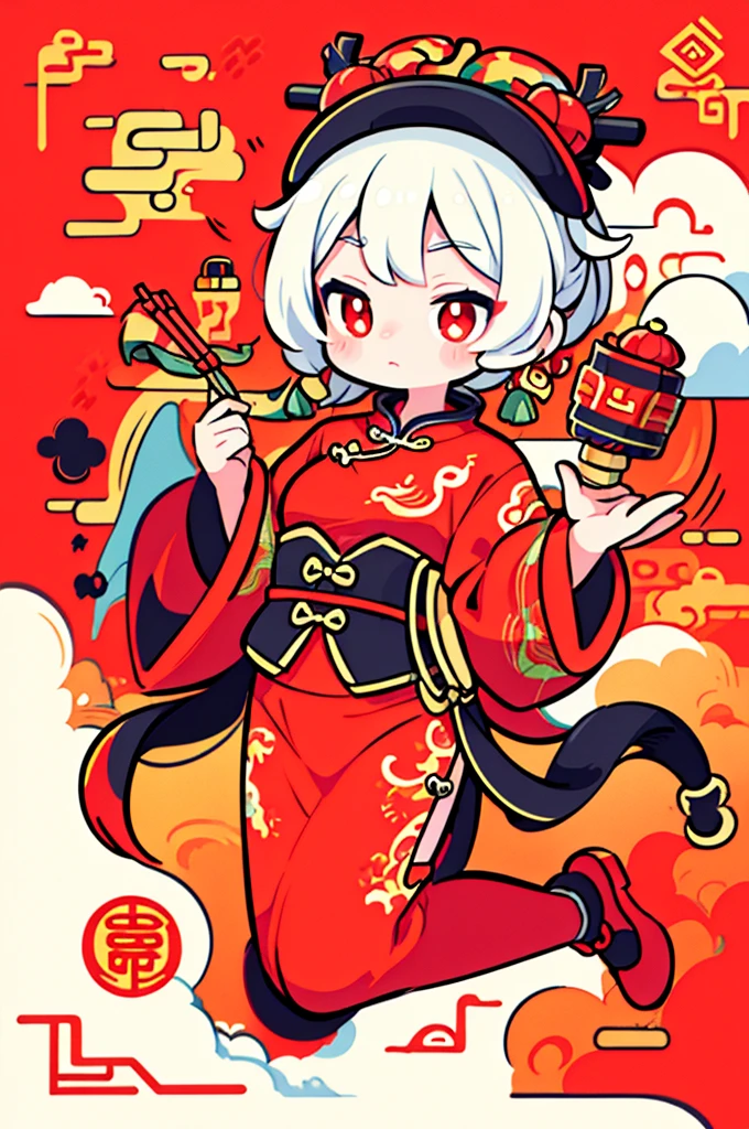 ((1 cute festive chinese dragon, Wearing Chinese costumes，Lunar New Year, firecrackers, Auspicious clouds, fundo vermelho)), Cute and detailed digital art, lovely digital painting, Cute big breasts, Lovely detailed artwork, ((Cute vector illustration)), digital painting very detailed, Cute and colorful, Cute big breasts, Highly detailed digital artwork, detail-rich、Many colors，Vector style, Avatar picture lat anime style, Minimalist, Flat vector art, flatillustration, adolable
