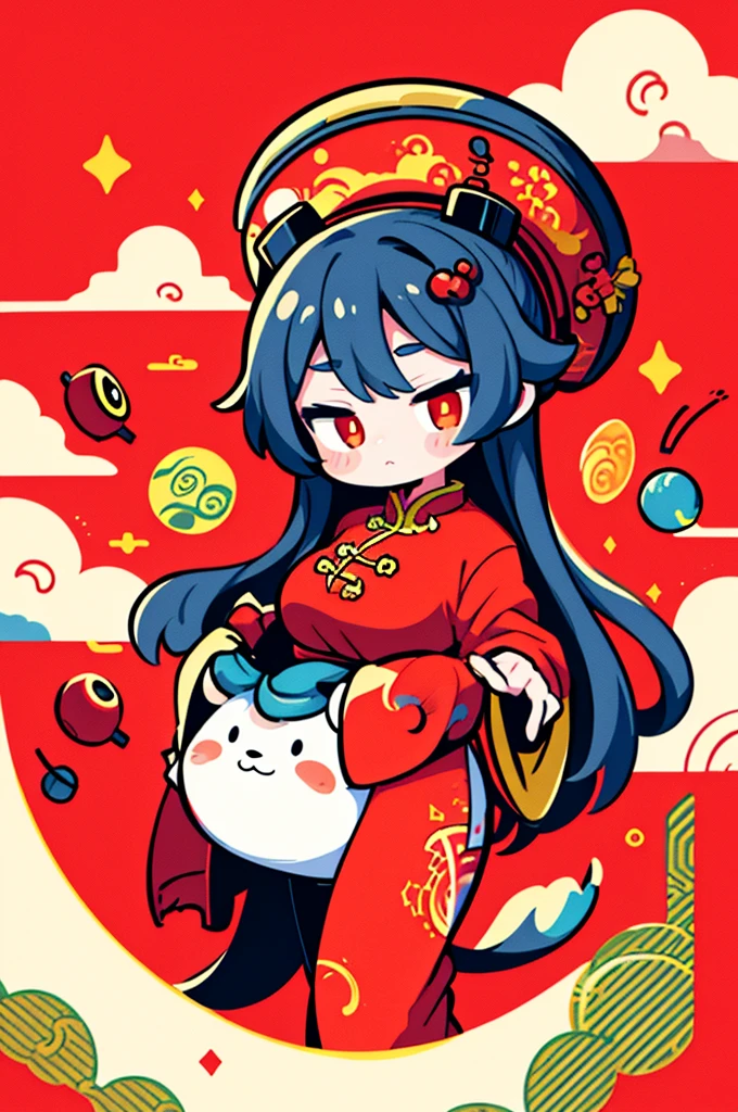 ((1 cute festive chinese dragon, Wearing Chinese costumes,Lunar New Year, firecrackers, Auspicious clouds, fundo vermelho)), Cute and detailed digital art, lovely digital painting, Cute big breasts, Lovely detailed artwork, ((Cute vector illustration)), digital painting very detailed, Cute and colorful, Cute big breasts, Highly detailed digital artwork, detail-rich、Many colors,Vector style, Avatar picture lat anime style, Minimalist, Flat vector art, flatillustration, adolable