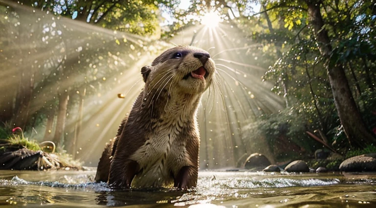 A playful otter sliding into a sparkling stream under the golden rays of the sun. Illustrate the otter twirling and flipping in the water, surrounded by smiling woodland friends, emphasizing the joy of a watery ballet.