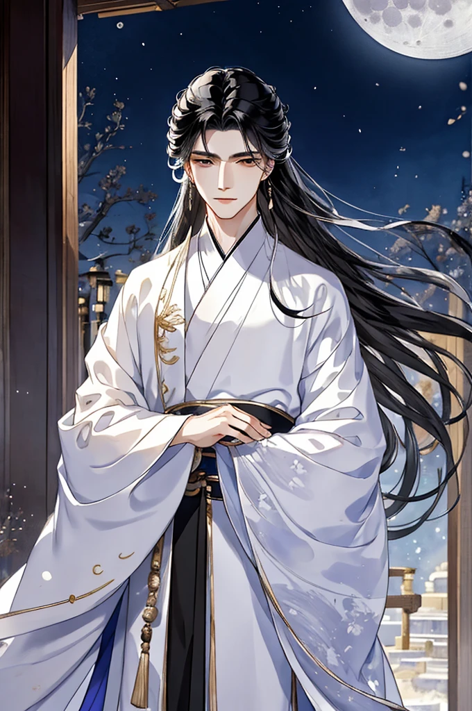 tmasterpiece，Best Picture Quality，Black-haired man，male people，white hanfu，，long, floated hair，Wide-sleeved robe，ancient wind，Solid color clothes，The clothes do not have any patterns，Smilingly，gentlesoftlighting，water ink，Behind it  the full moon，