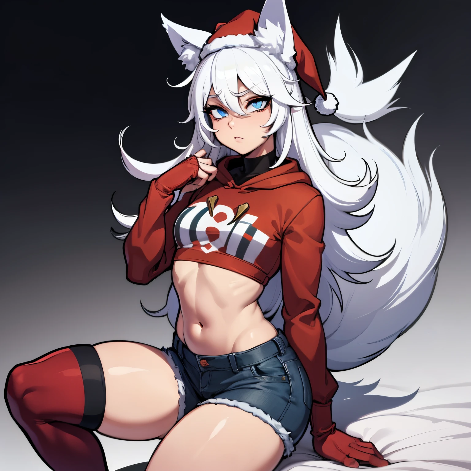 Femboy with wolf ears, has white hair,  male, male, short, wearing cropped christmas hoodie, wearing denim short shorts, wearing thigh high fishnets, wearing black combat boots, SOLO, ALONE, (SOLO)(ALONE), has blue eyes, (Perfect eyeasterpiece) thick thighs, wide hips, wearing santa hat, perfect eyes, masterpiece, super flat chest, no chest, flattest chest (SUPER FLAT CHEST)