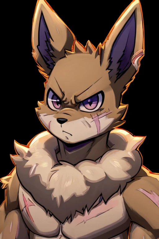 illustration style, anime, eevee, with an whiter humanoid face, purple and gray inner ears, light brown fur, light skinny body, big floofy white fur around the neck, tough looking, angry face, scar on left eye, purple inner ears