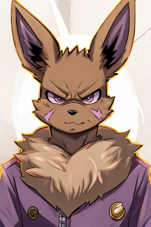 illustration style, anime, eevee, with an whiter humanoid face, purple and gray inner ears, light brown fur, light skinny body, big floofy white fur around the neck, tough looking, angry face, scar on left eye, purple inner ears