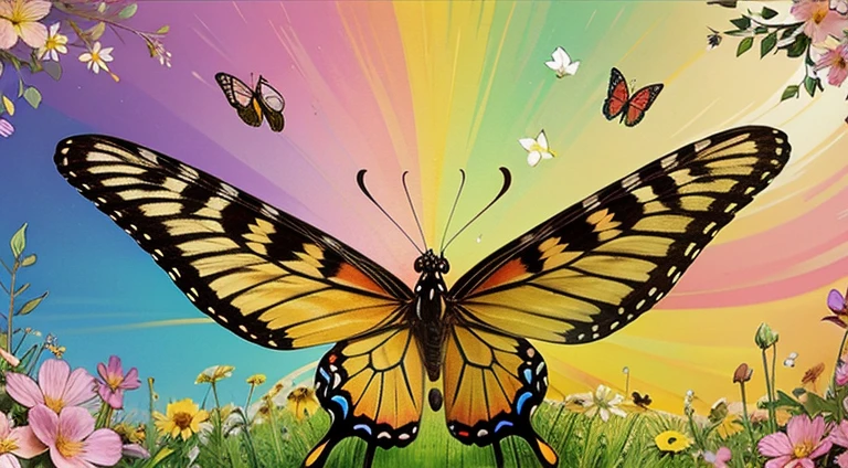 A delicate butterfly with vibrant wings gracefully fluttering among blooming flowers. Capture the butterfly sipping nectar, surrounded by a meadow painted in a rainbow of colors. Showcase the beauty of transformation and the magic of a butterfly's journey.