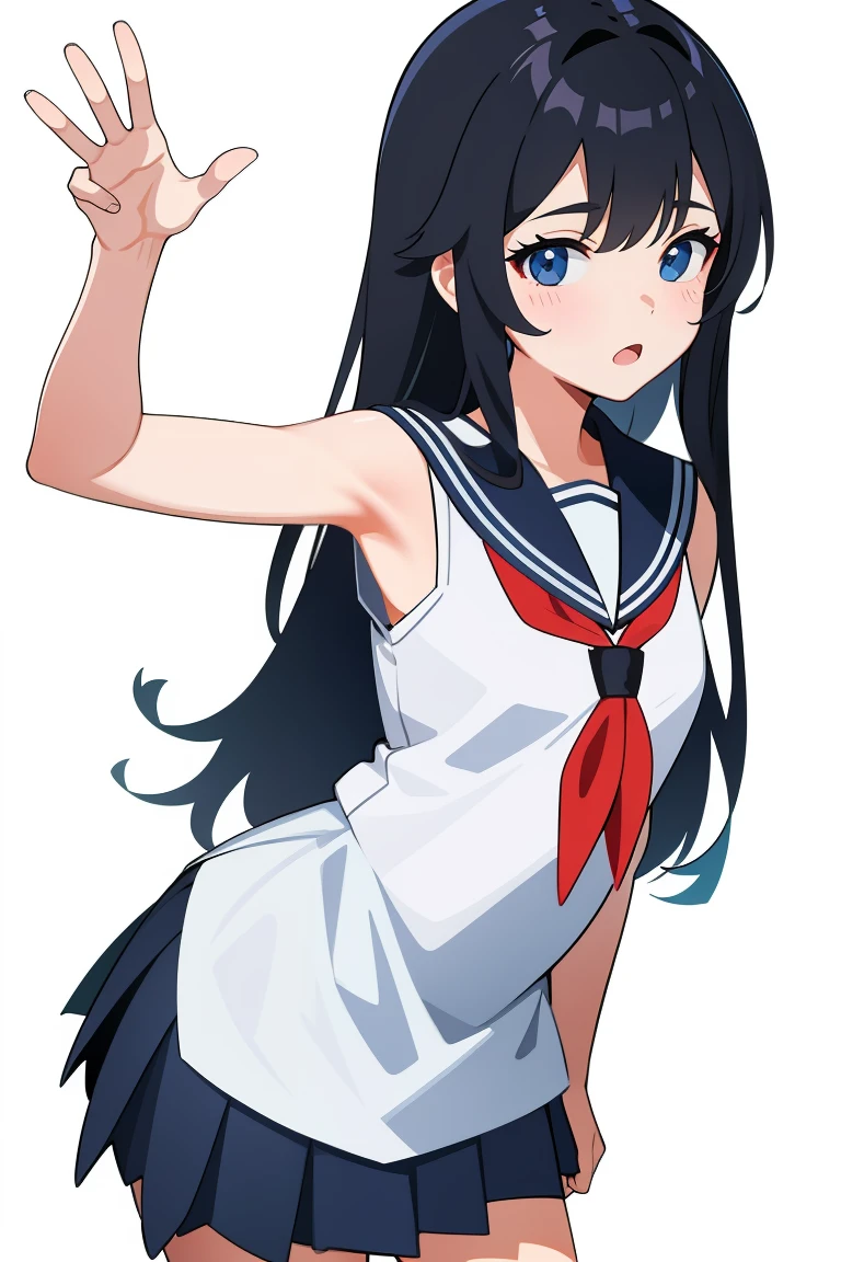 A school girl,white sleeveless sailor suit,white background,black straight hair