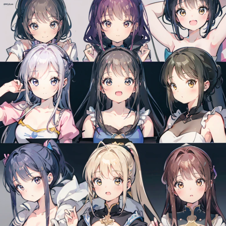 Best Quality、CharacterDesignSheet、You can use magic、faces、shot from top、Variety of facial expressions、colourful hair、smil、domineering、Laugh、