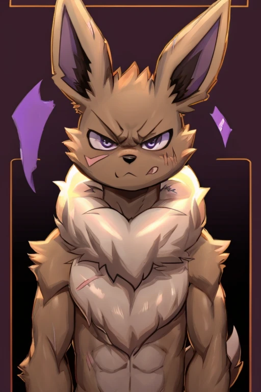 illustration style, anime, eevee, with an whiter person face, purple and gray inner ears, light brown fur, light skinny body, big floofy white fur around the neck, tough looking, angry face, scar on left eye, purple inner ears