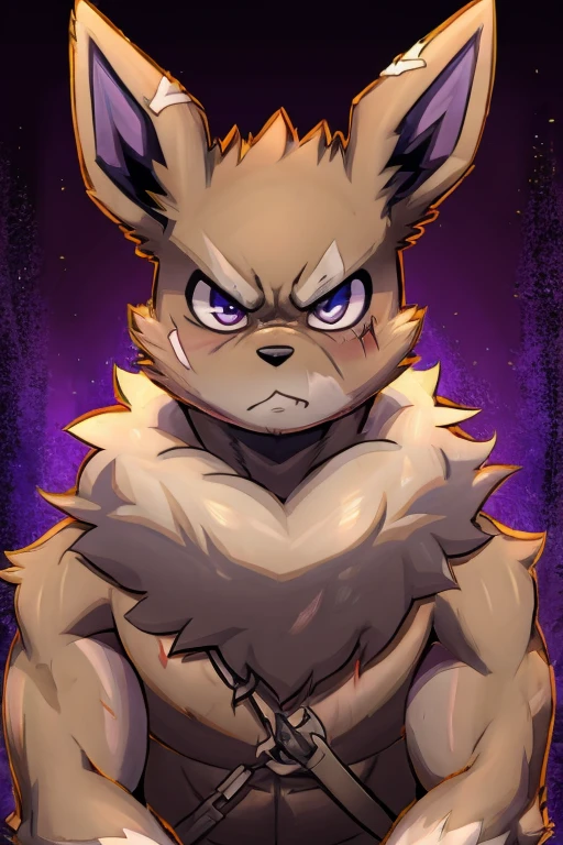 illustration style, anime, eevee, with an whiter person face, purple and gray inner ears, light brown fur, light skinny body, big floofy white fur around the neck, tough looking, angry face, scar on left eye, purple inner ears